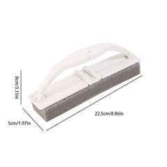Cepillo de limpieza para ducha: esponja rectangular con mango plegable de color blanco, etiquetas de dimensiones que muestran largo, ancho y alto
