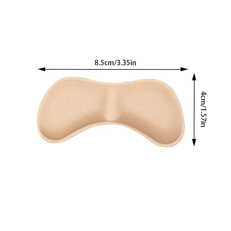 fersenpolster - Schwamm-Fersenpolster - Beiges Schwamm-Fersenpolster mit markierten Maßen von 8,5 cm Länge und 4 cm Höhe, Schleifenform, mesh-texturierte Oberfläche auf weißem Hintergrund