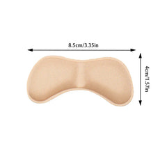 fersenpolster - Schwamm-Fersenpolster - Beiges Schwamm-Fersenpolster mit markierten Maßen von 8,5 cm Länge und 4 cm Höhe, Schleifenform, mesh-texturierte Oberfläche auf weißem Hintergrund