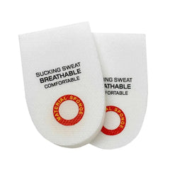 A pair of white sponge heel grips with printed text and red circular logos, shown against a plain white background