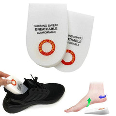 Pair of white sponge heel grips shown with a hand placing one in a black sneaker and a foot positioning diagram