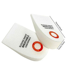 Two white sponge heel grips with printed text, length 11cm, width 7cm, on a white background