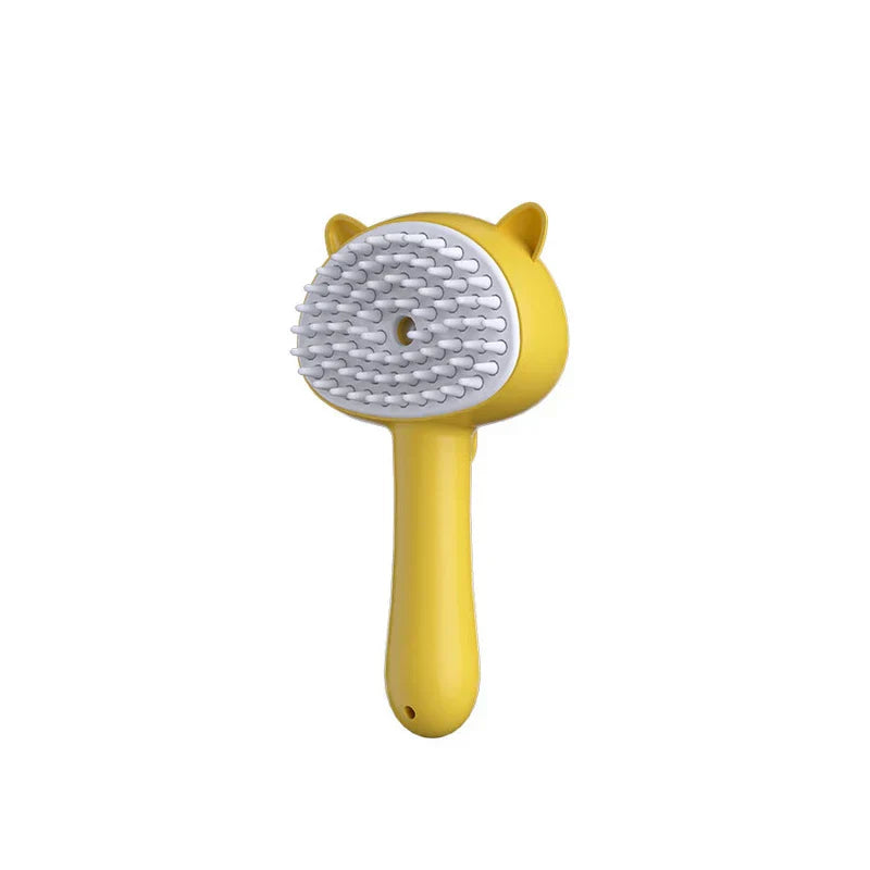 Beard Detangler Brush - Yellow cat-ear shaped pet grooming brush with soft silicone bristle head and ergonomic handle, front view