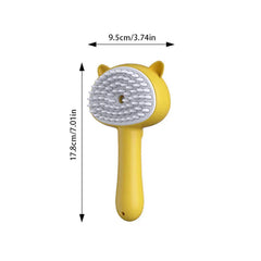 Beard Detangler Brush - Yellow cat-shaped pet brush displayed with dimensions 9.5cm wide, 17.8cm tall, soft white bristles and handle.