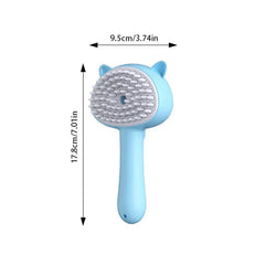 Beard Detangler Brush - Light blue cat-shaped pet brush with measurements 9.5cm width, 17.8cm height, short white silicone bristles.