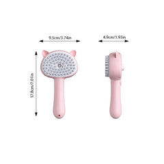 Beard Detangler Brush - Pink cat-shaped pet brush shown front and side, with dimensions including 4.9cm side width, round bristle dots.