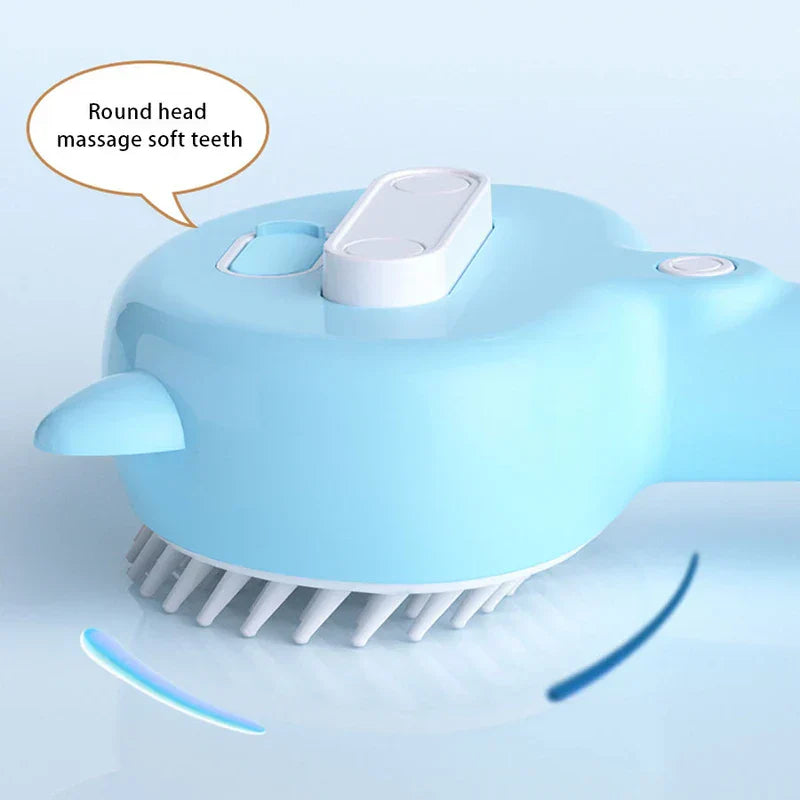 Beard Detangler Brush - Close-up of a light blue pet grooming brush with round-tipped soft teeth, callout pointing to its bristles