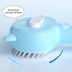 Beard Detangler Brush - Close-up of a light blue pet grooming brush with round-tipped soft teeth, callout pointing to its bristles