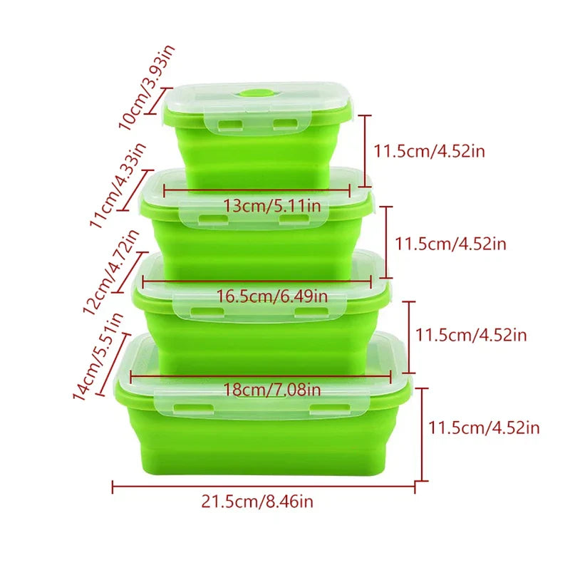 Food Storage Containers - Four stackable green collapsible food containers with clear lids, showing size dimension labels in cm and inches