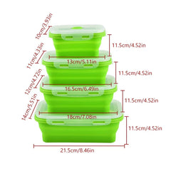 Food Storage Containers - Four stackable green collapsible food containers with clear lids, showing size dimension labels in cm and inches