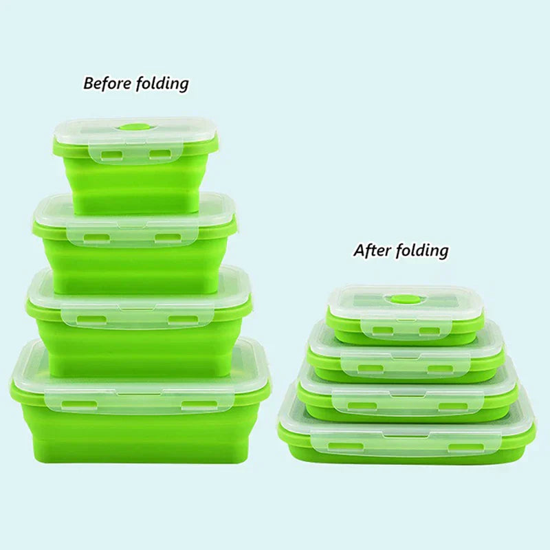 Food Storage Containers - Comparison of four stacked food containers before and after folding, bright green with clear lids