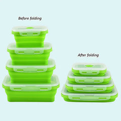 Food Storage Containers - Comparison of four stacked food containers before and after folding, bright green with clear lids