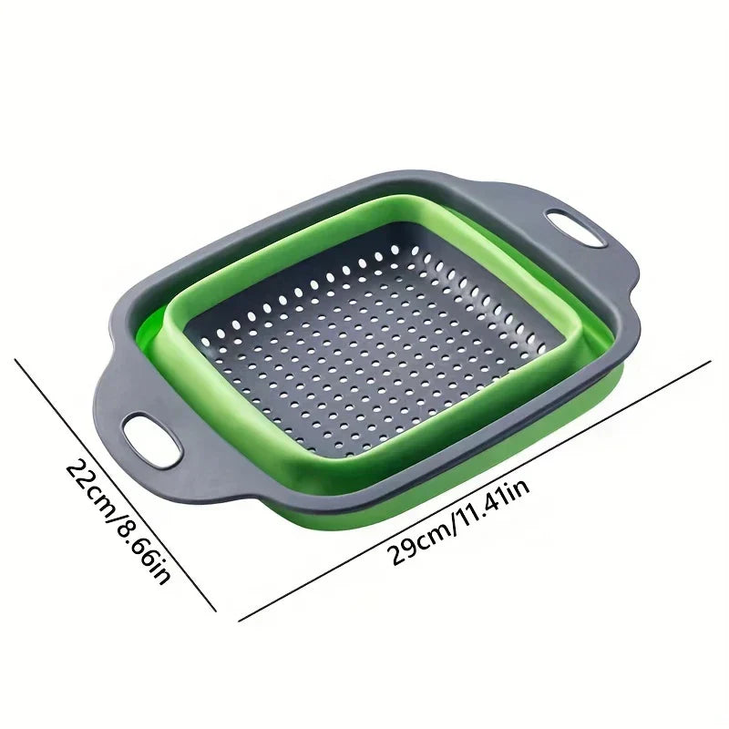 Square Plastic Colander Fruit Strainer Basket - Collapsible square colander with gray handles and green body, showing dimensions of 29 cm long and 22 cm wide.