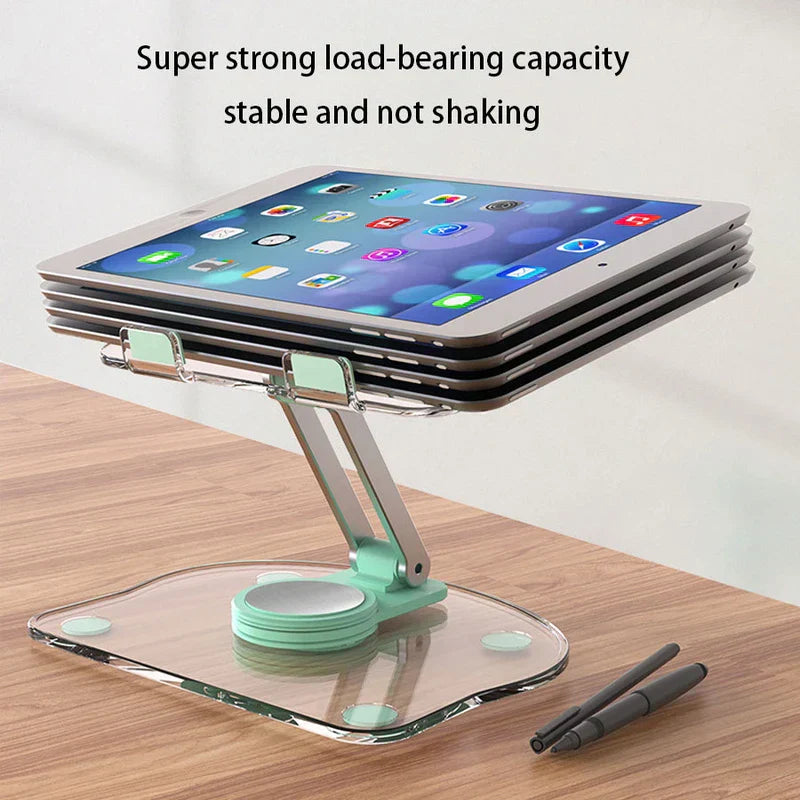 Mint adjustable stand holding stacked tablets to show load-bearing stability