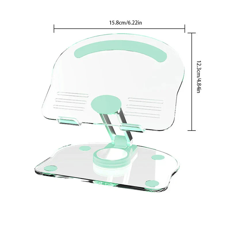 Mint green accented foldable smartphone tablet desktop holder with dimensions 15.8cm wide and 12.3cm tall on a white background