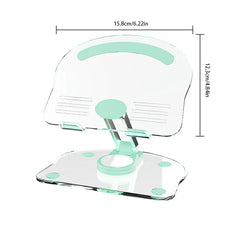 Mint green accented foldable smartphone tablet desktop holder with dimensions 15.8cm wide and 12.3cm tall on a white background