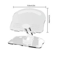 Clear all-white foldable smartphone tablet desktop holder shown with 15.8cm width and 12.3cm height measurements