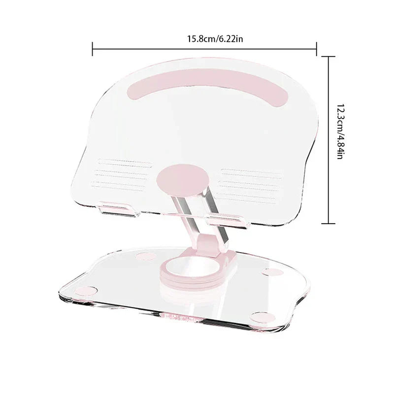 Pink accented foldable smartphone tablet desktop holder displayed with 15.8cm width and 12.3cm height dimension labels