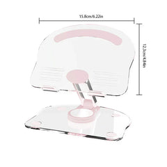 Pink accented foldable smartphone tablet desktop holder displayed with 15.8cm width and 12.3cm height dimension labels