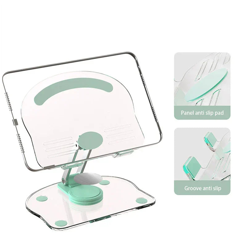 A foldable smartphone tablet desktop holder holding a tablet, with two callouts showing panel anti-slip pad and groove anti-slip details.