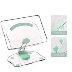 A foldable smartphone tablet desktop holder holding a tablet, with two callouts showing panel anti-slip pad and groove anti-slip details.