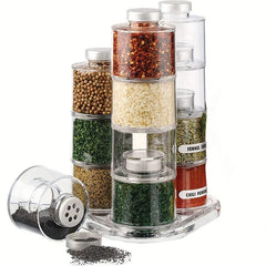 Spice Tower Jar Set - Fully assembled stacked set holding labeled spices, with one jar tilted to show the shaker lid function