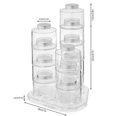 Spice Tower Jar Set - Clear stackable cylindrical storage container set in a three-column base, with dimension callouts marked.