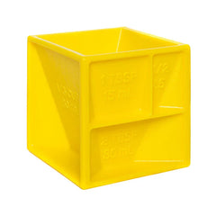 Bright yellow square measuring cups set with embossed tablespoon and milliliter markings on visible sides