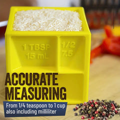 Yellow measuring cups set filled with white rice, with text noting accurate measurements from 1/4 tsp to 1 cup plus milliliters