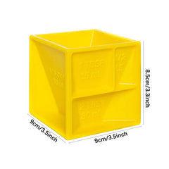 Yellow measuring cups set cube with size labels and dimensions 9cm by 9cm by 8.5cm on white background