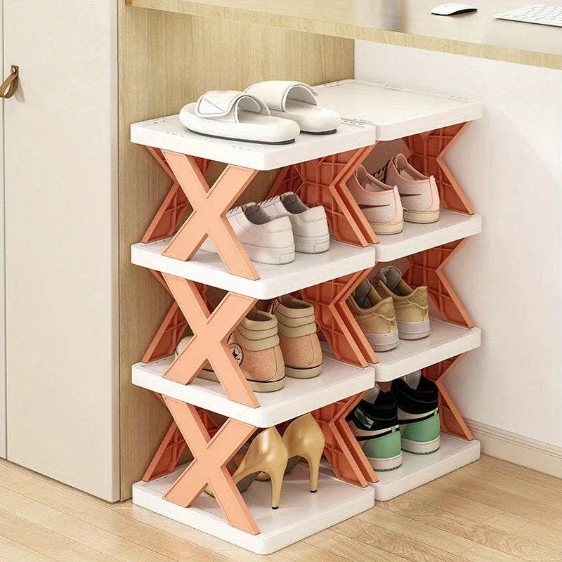 Narrow shoe rack with shoes neatly arranged