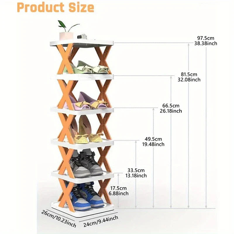 Narrow Shoe Rack - Diagram showing a 6-tier X-frame shoe rack with labeled height and base dimension measurements in cm and inches.
