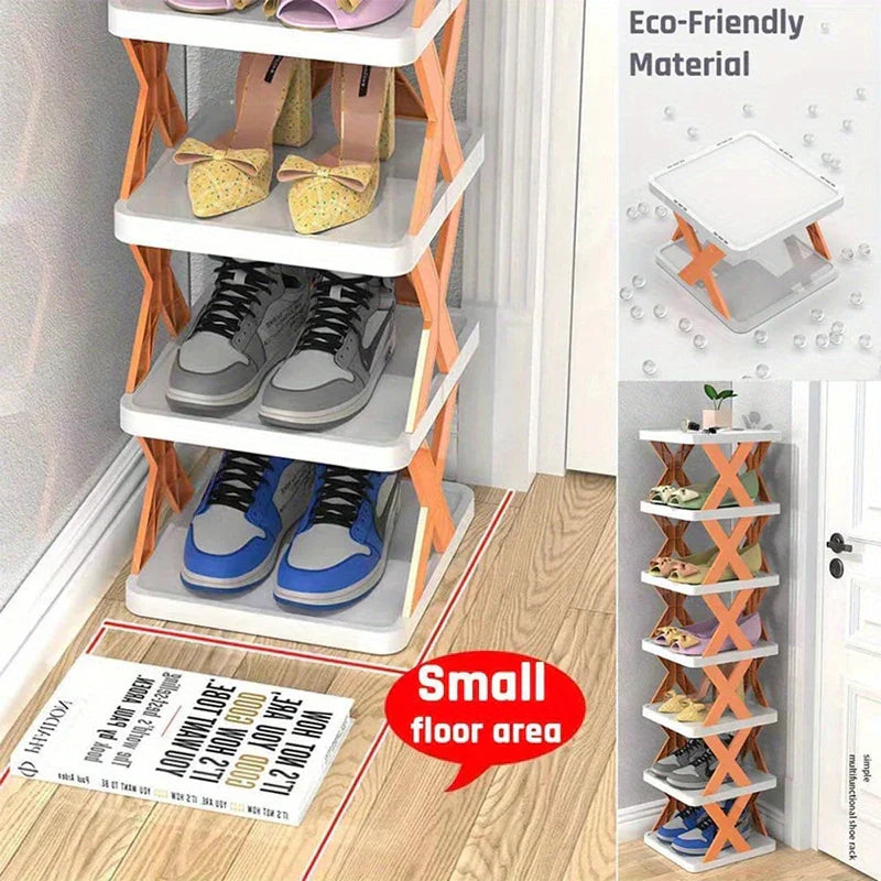 Narrow Shoe Rack - Close-up of a shoe rack in a narrow corner, plus smaller inset shots showing its compact footprint and full assembled height.