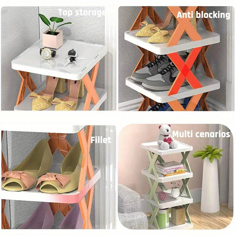Narrow Shoe Rack - Four-panel graphic showing closeup details of a small folding rack: top tray holds accessories, side panels with X braces, rounded tray edges, rack holding small items
