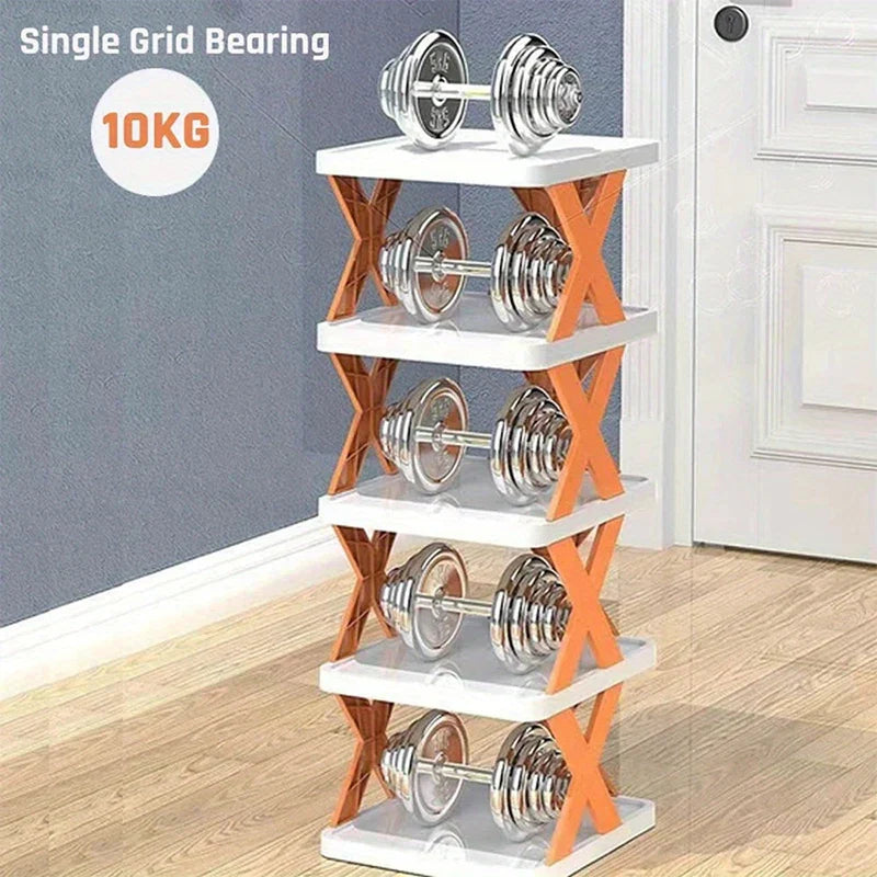 Narrow Shoe Rack - Five-tier X-brace folding rack holding a dumbbell on each tier, single tier 10KG weight marking on graphic