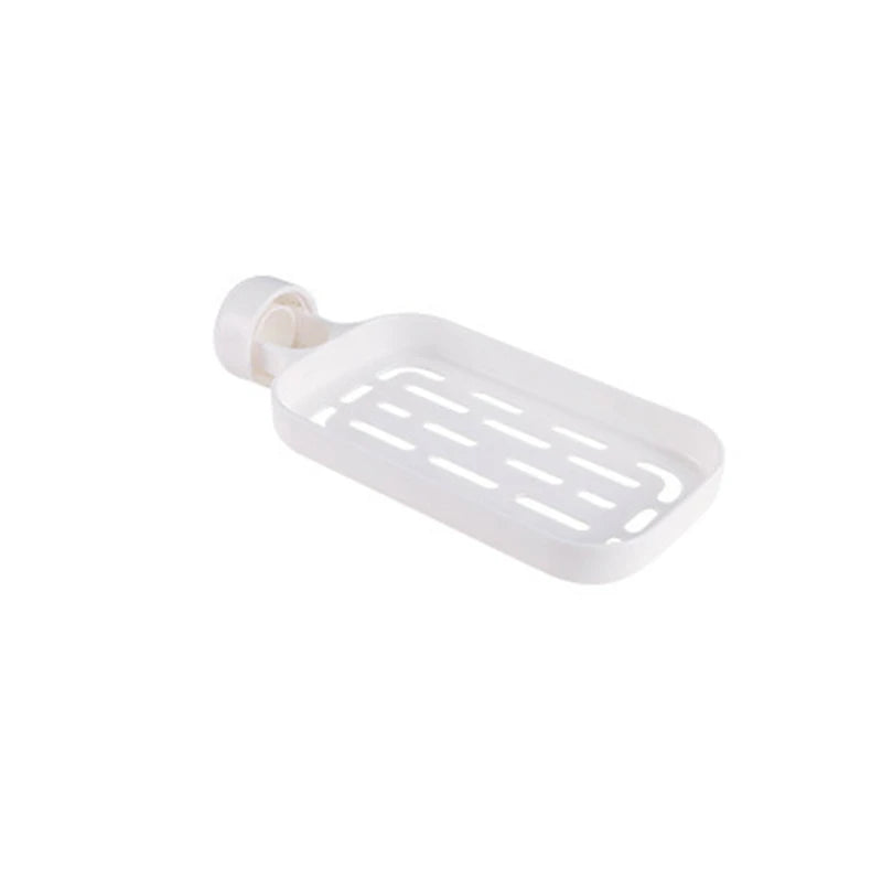 Stainless Steel Sink Caddy - White plastic rectangular faucet-mounted drain tray with slotted cutouts, shown at an angle against a plain white background.
