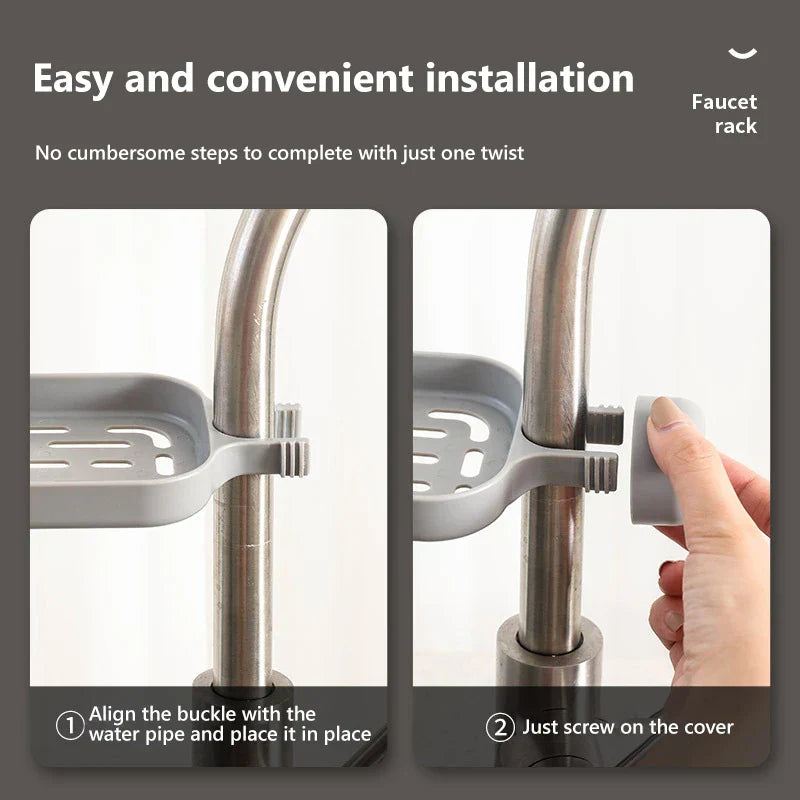 Stainless Steel Sink Caddy - Two-step installation diagram for a faucet rack: first align the shelf buckle with the faucet pipe, then screw on the locking cap by hand.