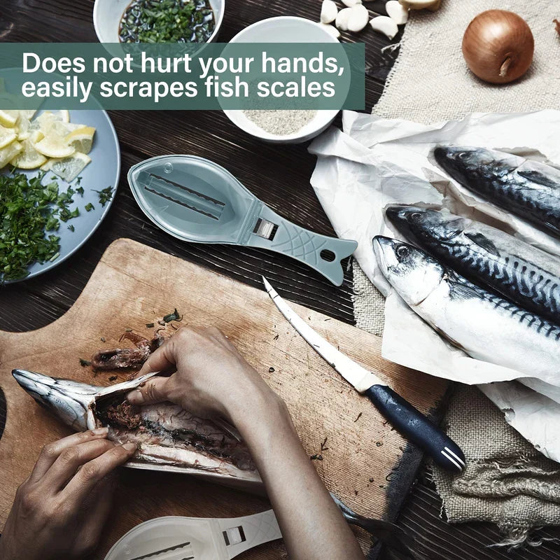 Hand holding the stainless steel fish scale remover scraper over a fish