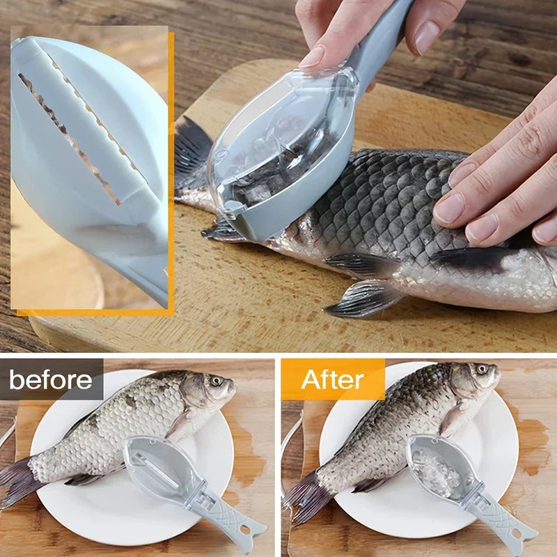 Stainless Steel Fish Scale Remover - Hands using the scale scraper on a whole fish on a wooden cutting board, with before/after comparison showing removed scales stored in the tool.