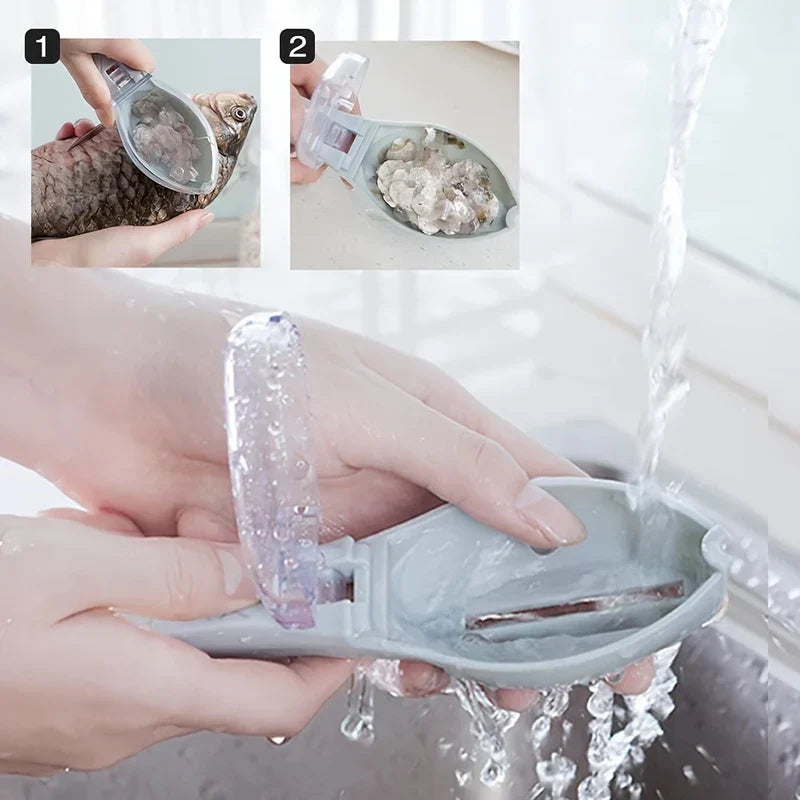 Stainless Steel Fish Scale Remover - Hands use a plastic fish scaler to remove scales from a fish, then rinse collected scales from the tool under running water.