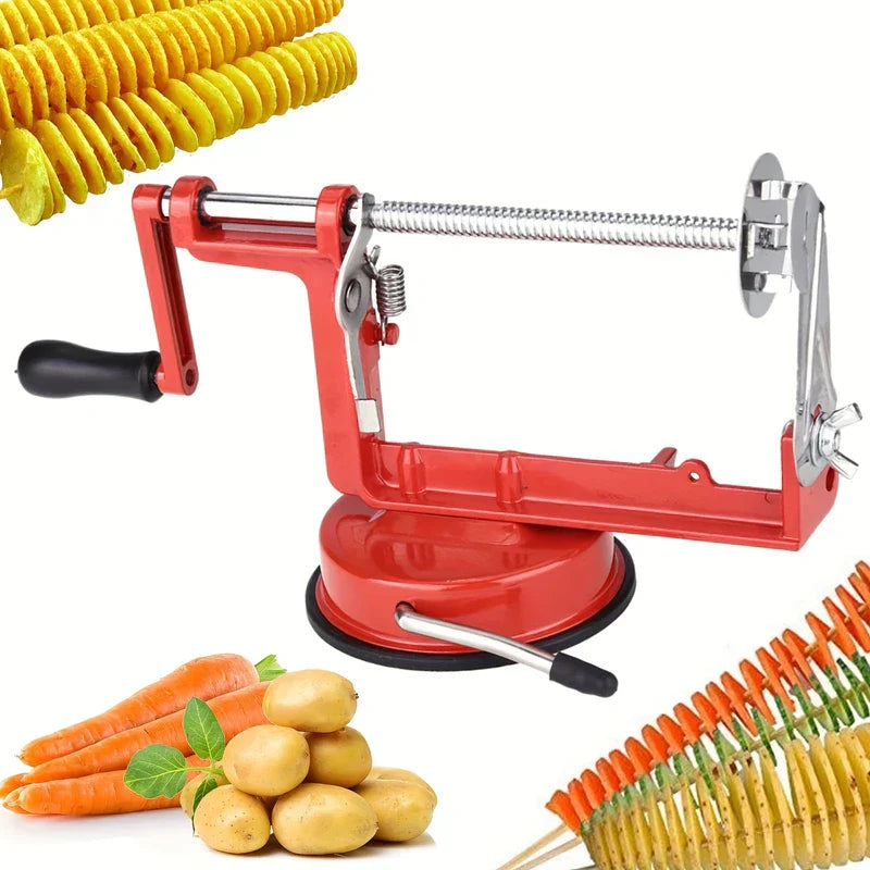 French Fry Potato Cutter - Manual spiral vegetable cutter displayed with whole potatoes, carrots, and finished spiral cut vegetable skewers