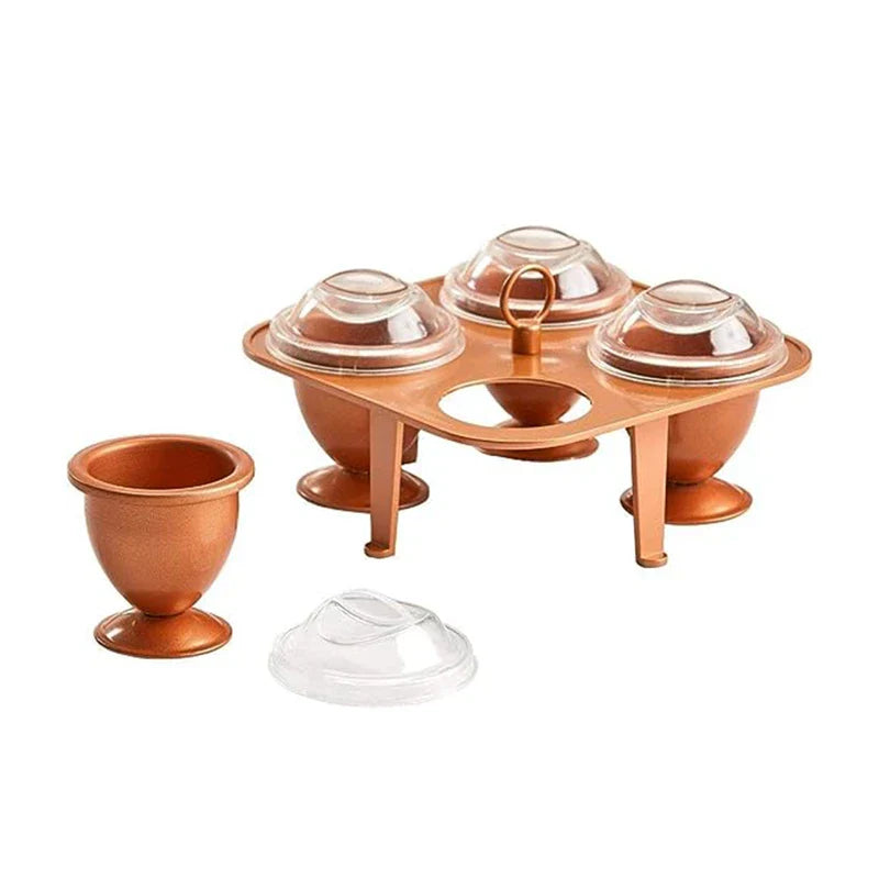 Stainless Steel Egg Ring Mold - Copper-toned 4-cup egg poacher set with one detached cup and clear lid displayed on a white background