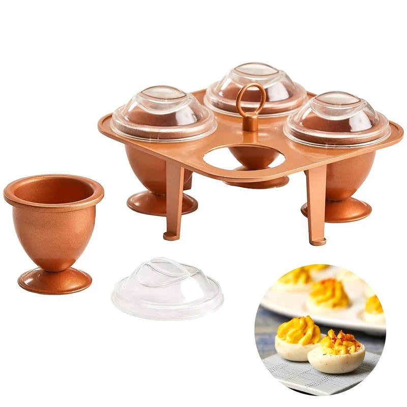 Stainless Steel Egg Ring Mold - Copper-toned egg poacher set with inset image of finished deviled eggs on a serving plate