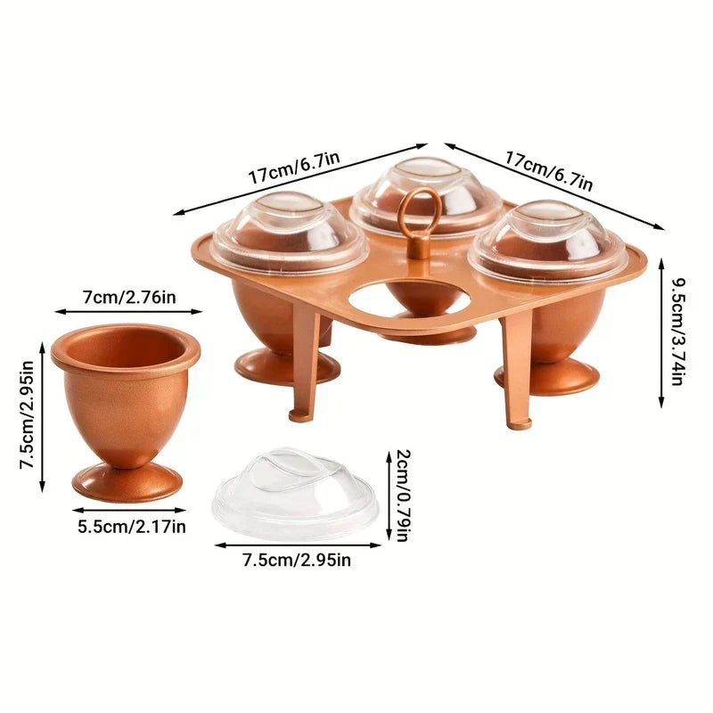 Stainless Steel Egg Ring Mold - Copper-toned 4-cup egg cooker set with dimensions, individual cup and clear lid shown alongside the stand.