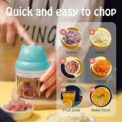 Garlic Press Mincer - Hand pressing a blue cat-shaped mini electric chopper, with panel showing chopped ingredients and their processing times.