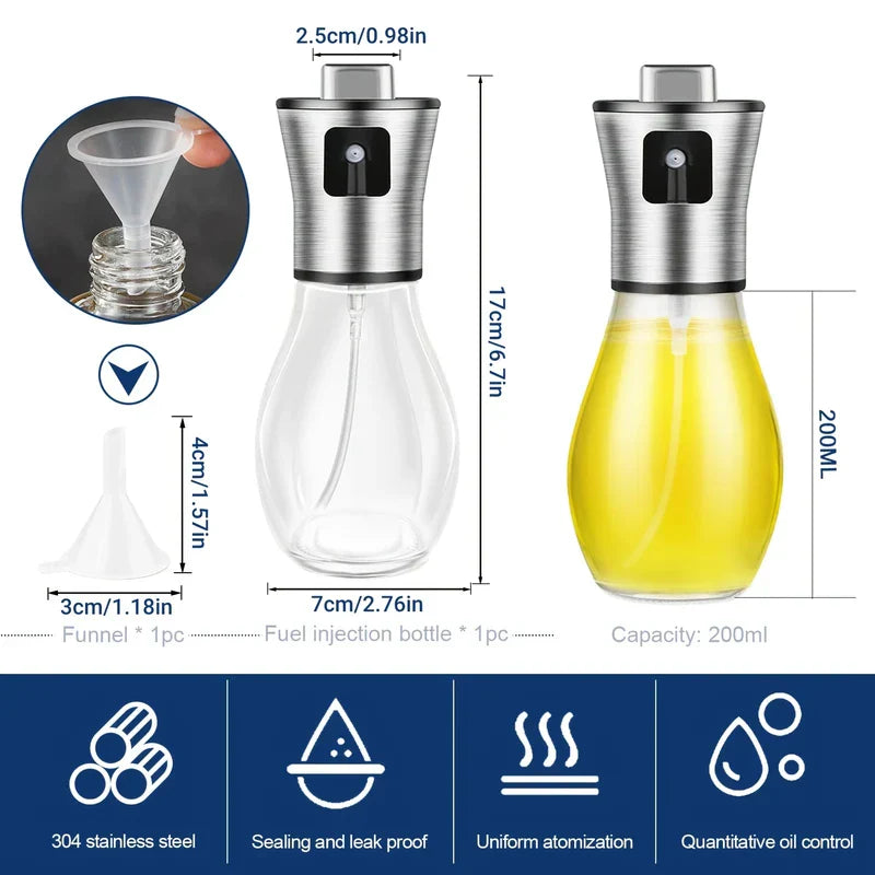 Oil Sprayer Mister - Dimension diagram showing 200ml capacity, included funnel measurements, and core feature callouts for the sprayer