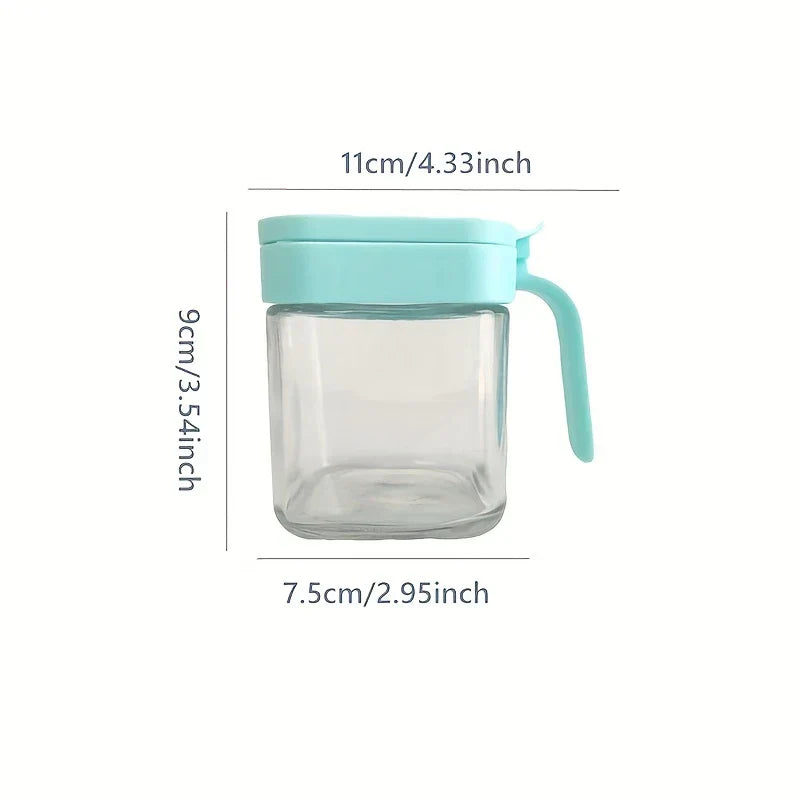 Glass Spice Jar - Mint-handled square glass jar with lid, marked with its width, height, and base dimensions