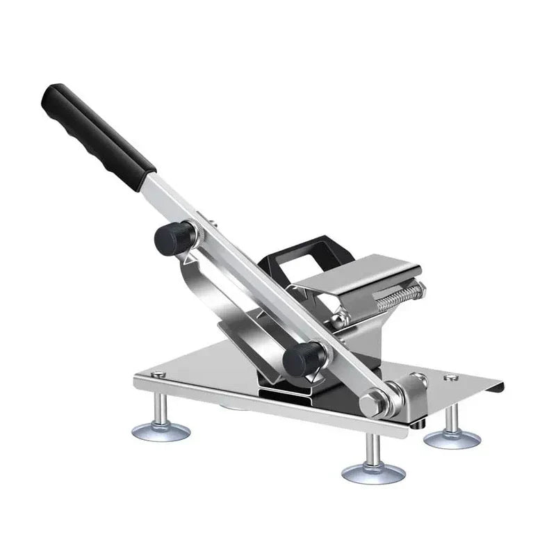 Mandoline Slicer - Stainless steel manual slicer with suction cup feet, black grip handle, and adjustment knobs
