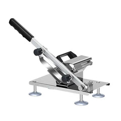 Mandoline Slicer - Stainless steel manual slicer with suction cup feet, black grip handle, and adjustment knobs