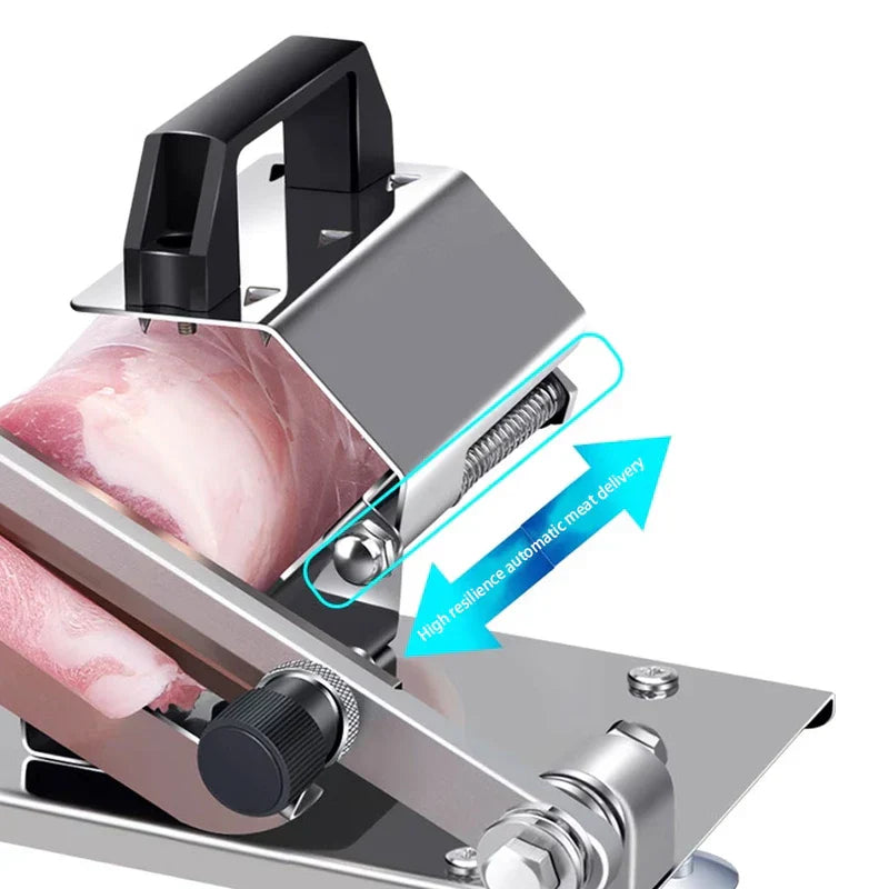Mandoline Slicer - Close-up of slicer food holder with spring-loaded automatic feed mechanism holding a block of frozen meat